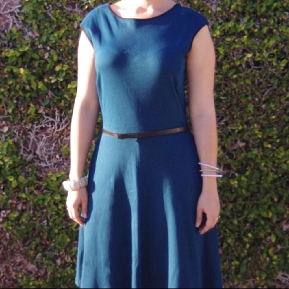 A-line Round Neck Dress, Dark Teal with Black